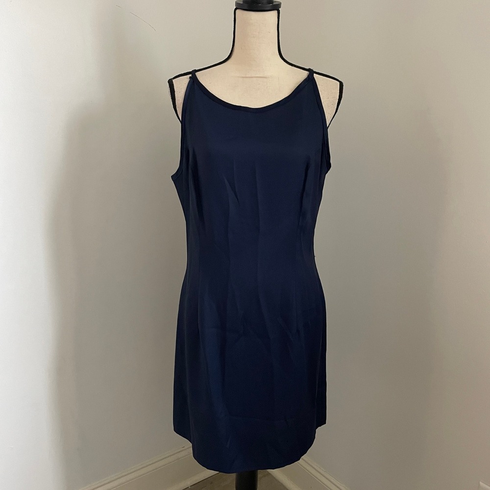 Vintage Gunne Sax Slip Dress sz 14 90s Navy Blue Satin‎ Office Siren Minimalist